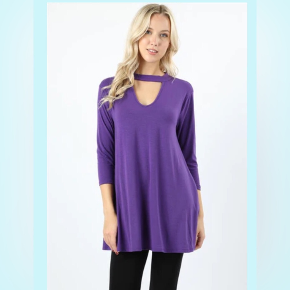 KHLOE Choker Neck Zenana Flowy Tunic Top w/ pockets